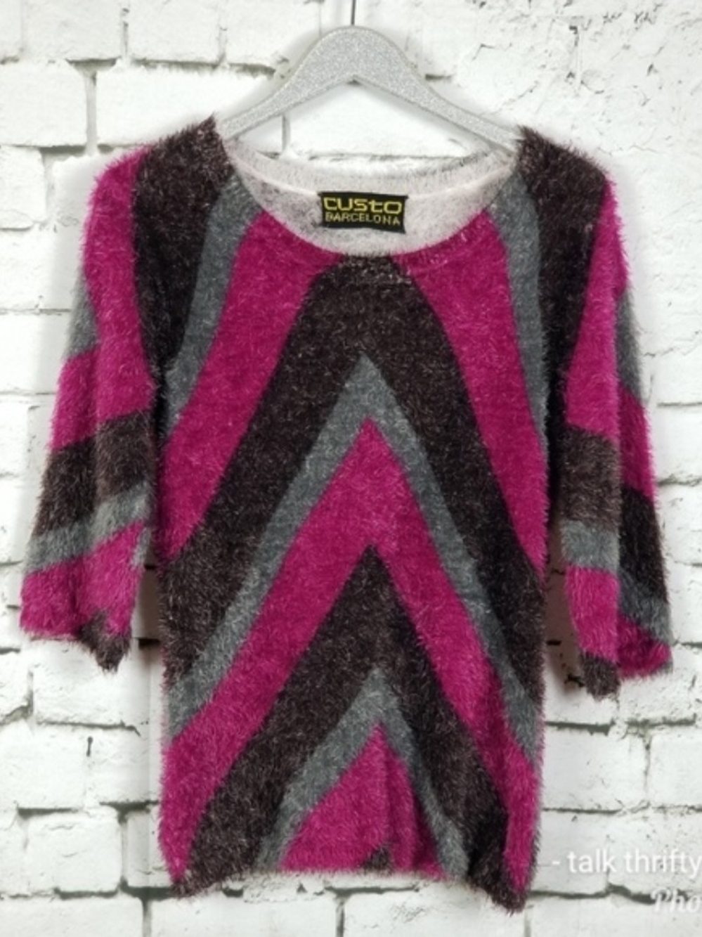 Custo Barcelona Fuzzy Chevron Scoop-Neck Sweater in Magenta, Gray & Brown